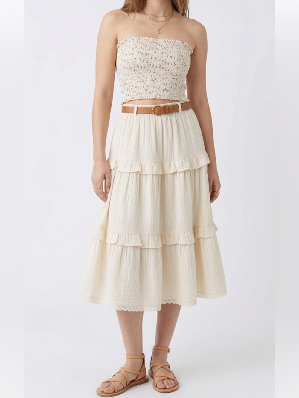 Brandy Melville Cream Floral Print  Smocked Tube Top Size Small